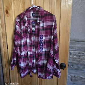 NWT Womens  Gap Boyfriend  Plaid Flannel Shirt, Pink Size XXL